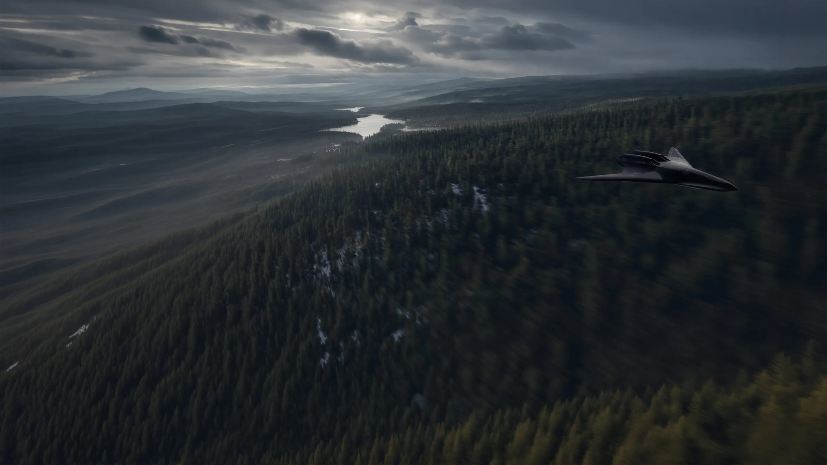 Scout flying low over boreal forest under a heavy northern sky.