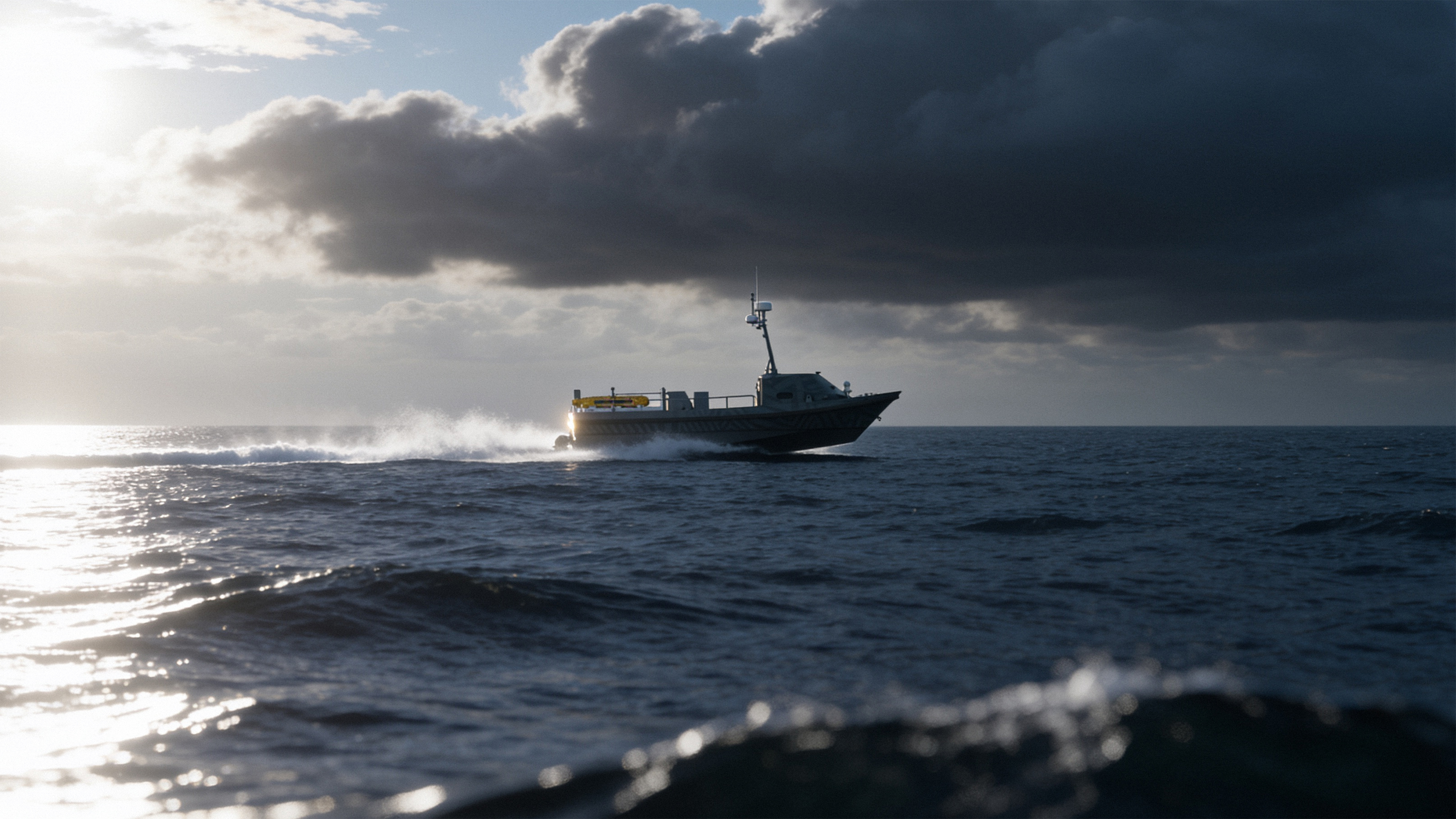 3D Render of an Autonomous Mine Countermeasures vessel in the north atlantic